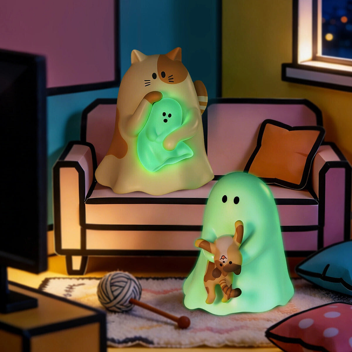 Glowing GHODY ghost series on a sofa with two cats and a ball of yarn at night