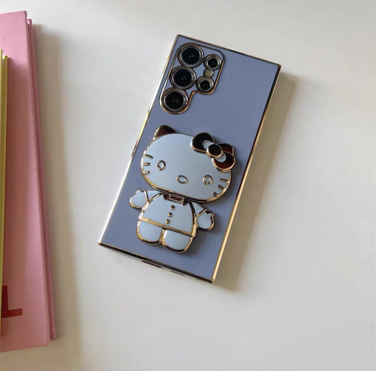 Japan Cartoon | Golden Line Hello Kitty with Phone Mirror Stand - Phone Case Samsung Galaxy S24 S23 S22 Plus Ultra KawaiiGiftLand