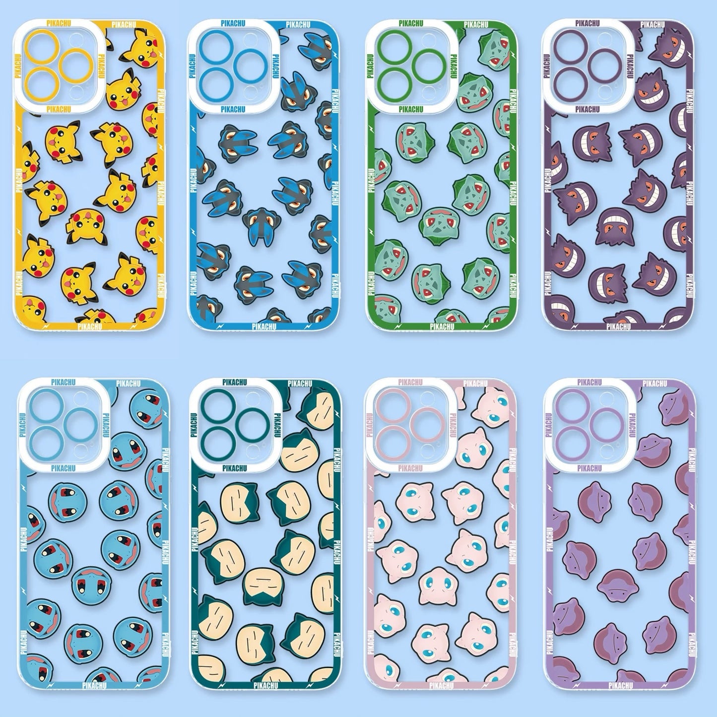 Japan Cartoon Pokemon Full Happy Face Verison | Pikachu Lucario Bulbasaur Gengar Squirtle Snoriax Mew Ditto - iPhone Case PLUS SE2 XS XR X 11 12 13 14 15 16 16e 17 17e Pro Promax 12mini 13mini