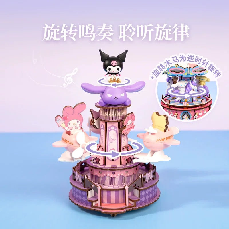 Rolife x Sanrio Character Amusement Park Music Box Craft Kits Set | My Melody Kuromi Cinnamoroll Amusement Rides Merry Go Round - DIY Handmade Wooden Mini World Miniature Gift KawaiiGiftLand