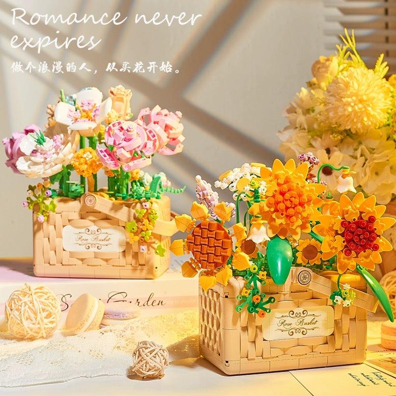 DIY handmade Mini Block Building Block Romantic Flower | SunFlower Rose Baskets - with Aromatherapy Tablets and LED Lights
