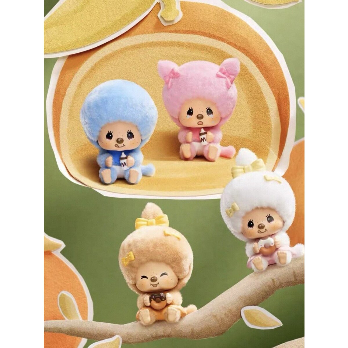 Monchhichi Mon Mon Farm Classic Coffee plush pendants in an orange grove scene