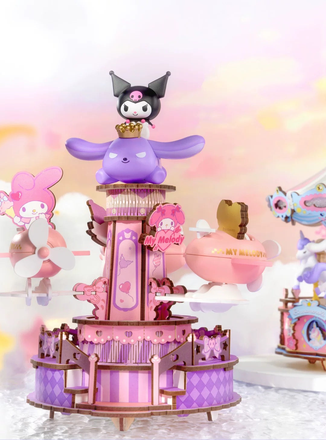 Rolife x Sanrio Character Amusement Park Music Box Craft Kits Set | My Melody Kuromi Cinnamoroll Amusement Rides Merry Go Round - DIY Handmade Wooden Mini World Miniature Gift KawaiiGiftLand