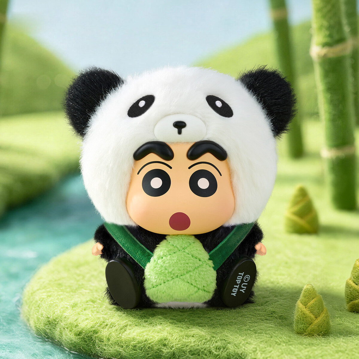 Close-up of the Huggy Panda design in a bamboo forest scene