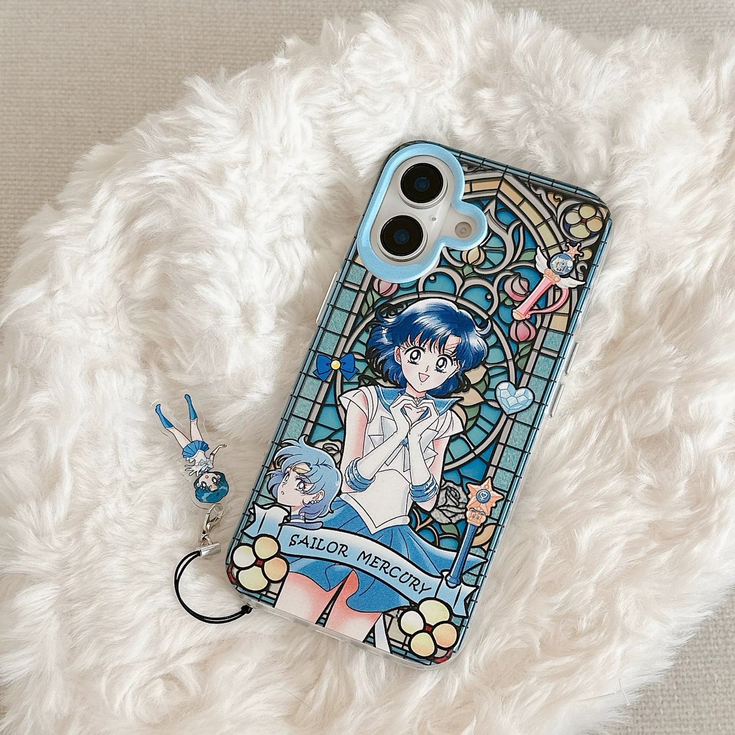 Japanese Cartoon Sailor Moon Phone Case with Strap Comic Version | Laser Glass Window Sailor Moon Mercury Mars Jupiter Venus - iPhone Case PLUS SE2 XS XR X 11 12 13 14 15 16 16e 17 17e Pro Promax 12mini 13mini