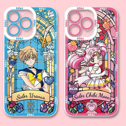 Japanese Cartoon Sailor Moon Phone Case Glass Window Style | Sailor Chibimoon Usagi Uranus - iPhone Case 7 8 PLUS SE2 XS XR X 11 12 13 14 15 16 16e 17 17e Pro Promax 12mini 13mini