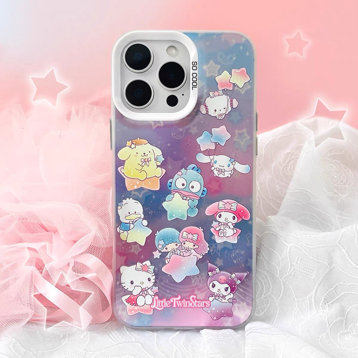 Japanese Cartoon Sanrio Pastel Starry Party Laser Case | Hello Kitty Lttle Twin Stars My Melody Kuromi Cinnamoroll Pompompurin Hangyodon AhirunoPekkle Cogimyun - iPhone Case 11 12 13 14 15 16 16e 17 17e 18 Pro Promax