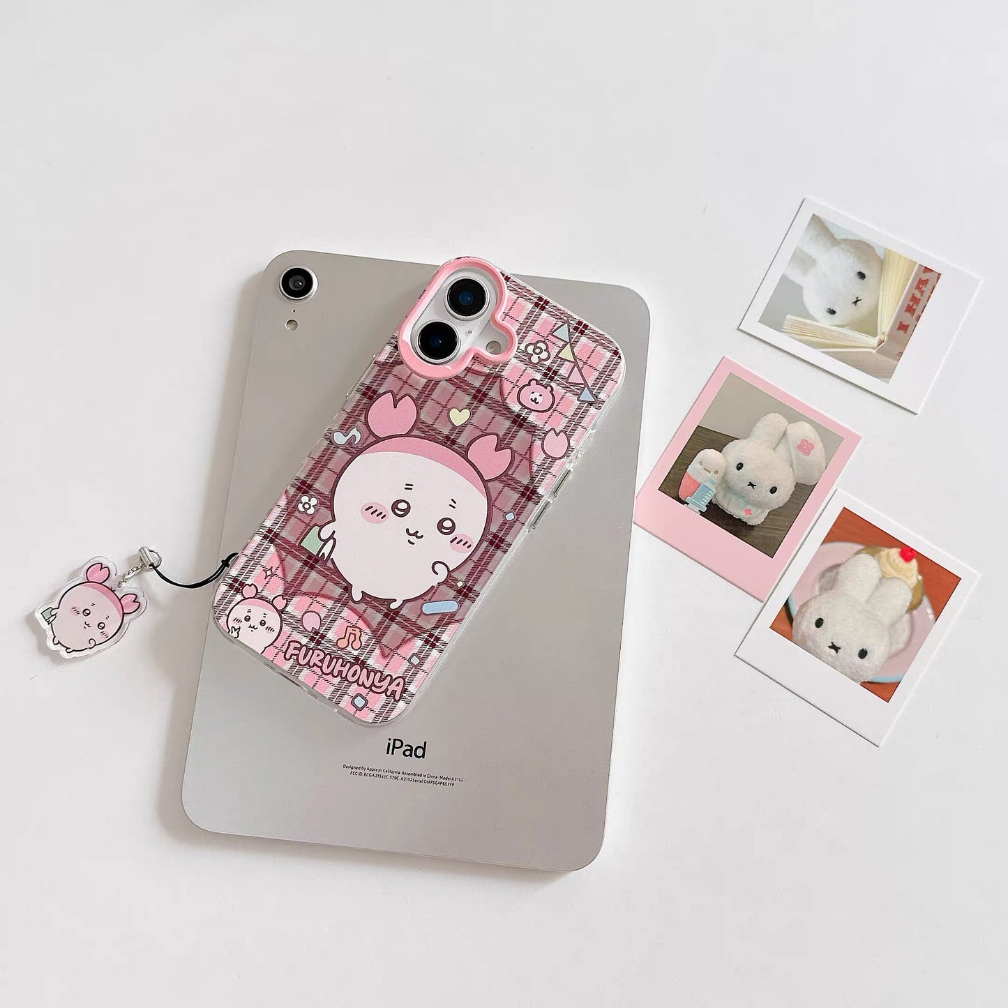 Japanese Cartoon ChiiKawa Laser Phone Case with Strap | Retro Plaid Rakko Kurimanju Shisa Furuhonya - Phone Case Samsung Galaxy S26 S25 S24 S23 S22 S21 FE Ultra Edge