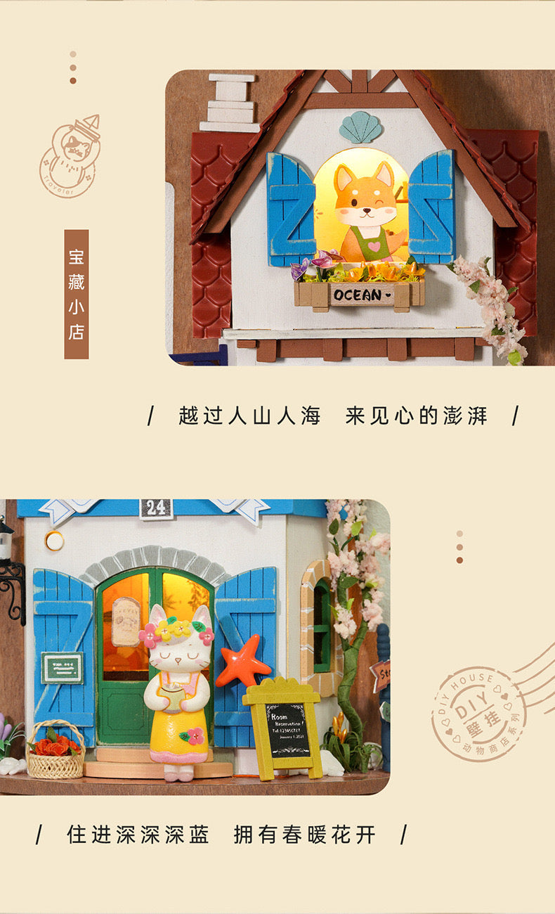 Craft Kits Wooden Hook Key Hanger | Animal Store - DIY Handmade Mini World Miniature Gift with LED Light Room Decoration