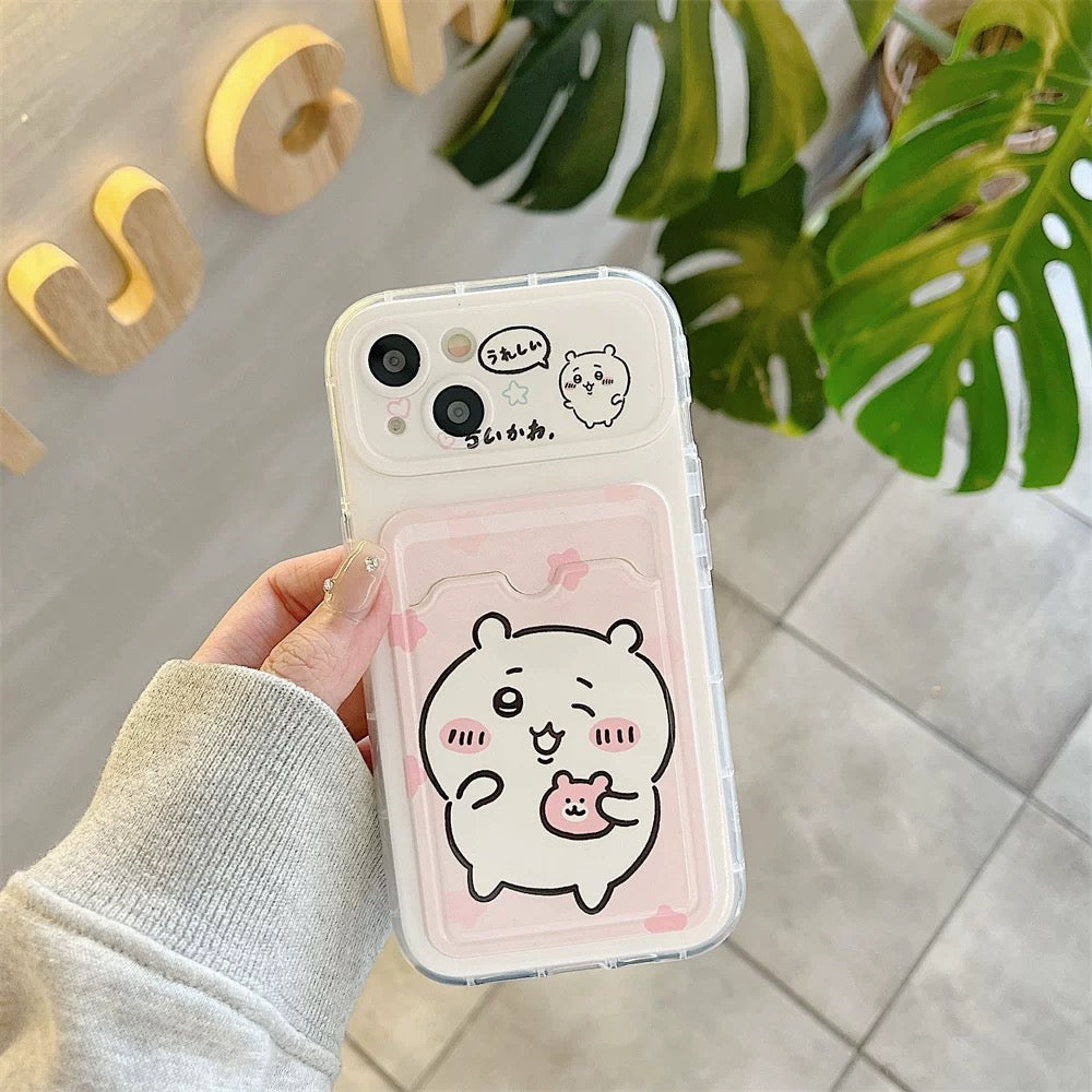Japanese Cartoon Chiikawa | ChiiKawa Hachiware Usagi Happy Outing with Card Holder & Handle Strap - iPhone Case 11 12 13 14 15 16 17 Pro Promax