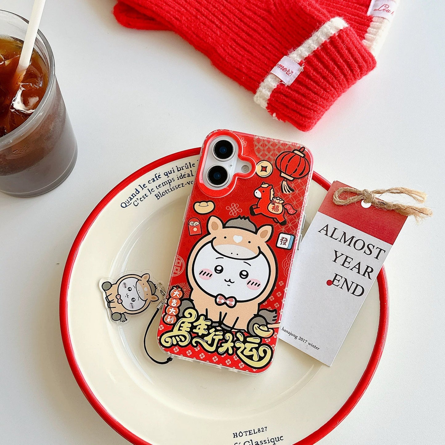 Japanese Cartoon ChiiKawa Laser Phone Case with Strap | Red Horse ChiiKawa Hachiware Usagi - iPhone Case PLUS SE2 11 12 13 14 15 16 16e 17 17e Pro Promax 12mini 13mini