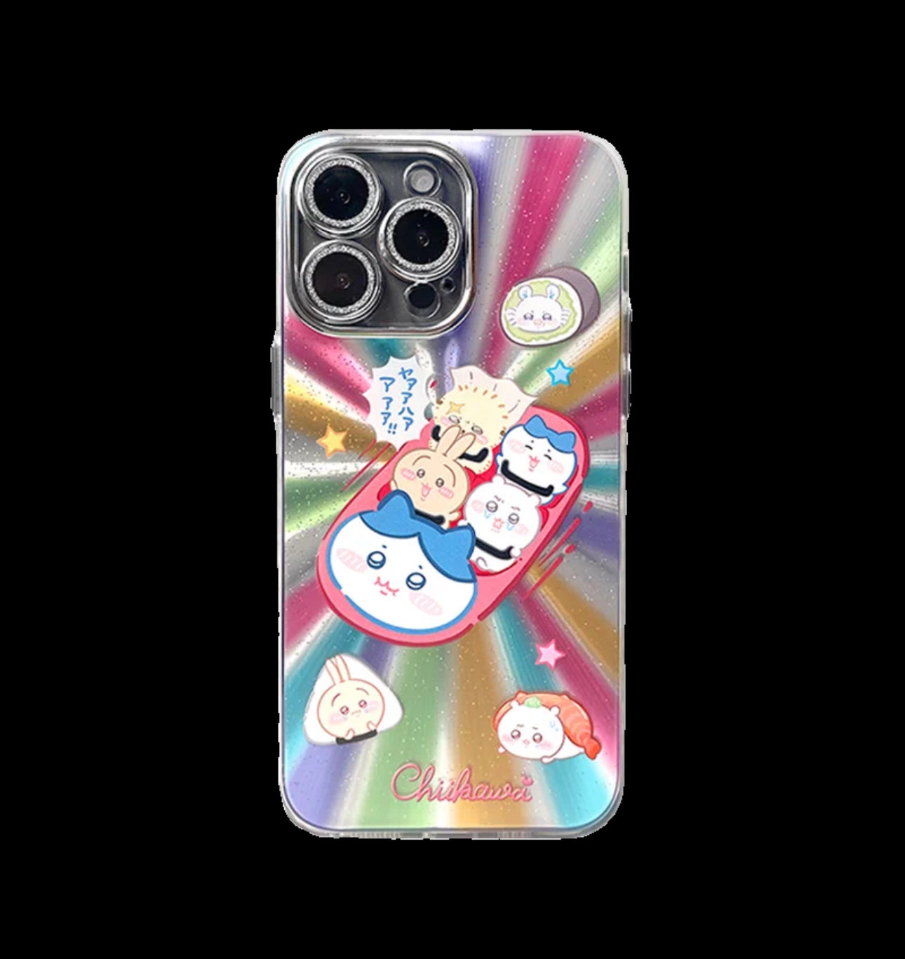 Japanese Cartoon ChiiKawa | Sushi Car & Fighting Chiikawa Hachiware Usagi Rainnbow Light Laser - iPhone Case 11 12 13 14 15 16 Pro Promax KawaiiGiftLand