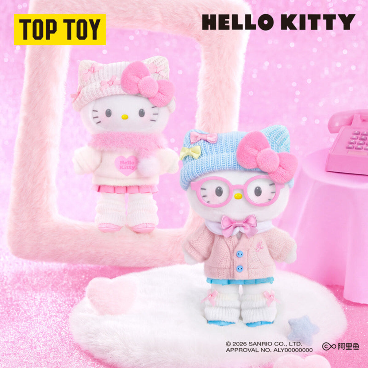 Hello Kitty Heartbeat Photoshoot Series plush pendant in glasses and a pink cardigan on a dressing table