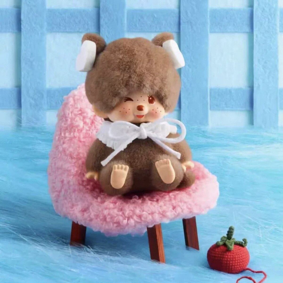 Monchhichi Macarons blind box plush pendant Mocha Brown design with white bow