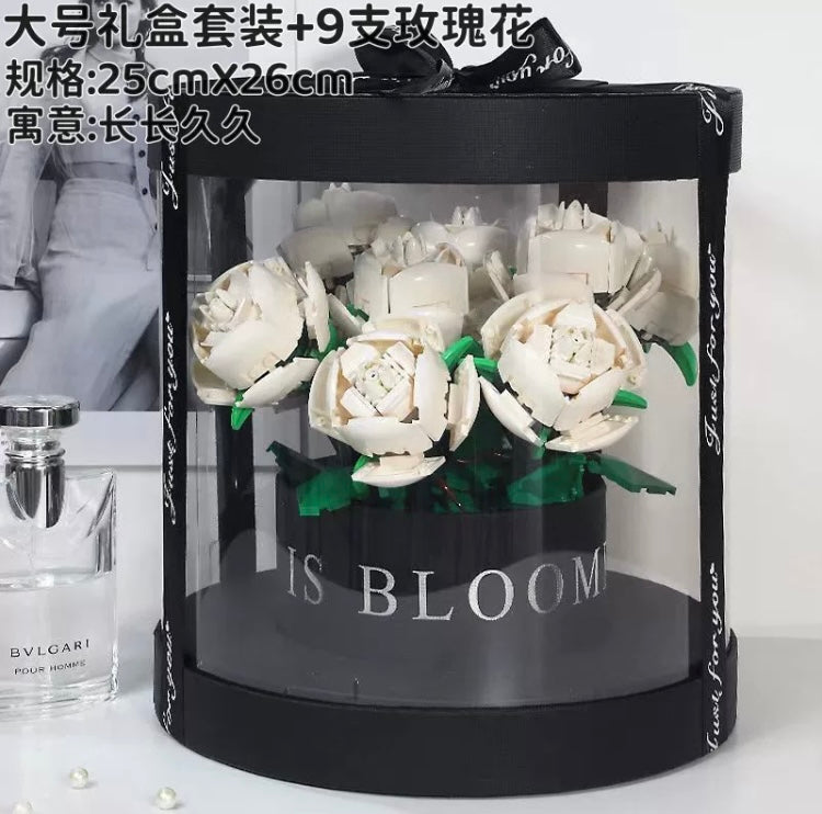 Block Building Romantic Elernal Flowers Bouquet Gift Box | Pink Red Blue White Rose - with LED Lights Valentine Wedding Gift DIY Handmade Gift