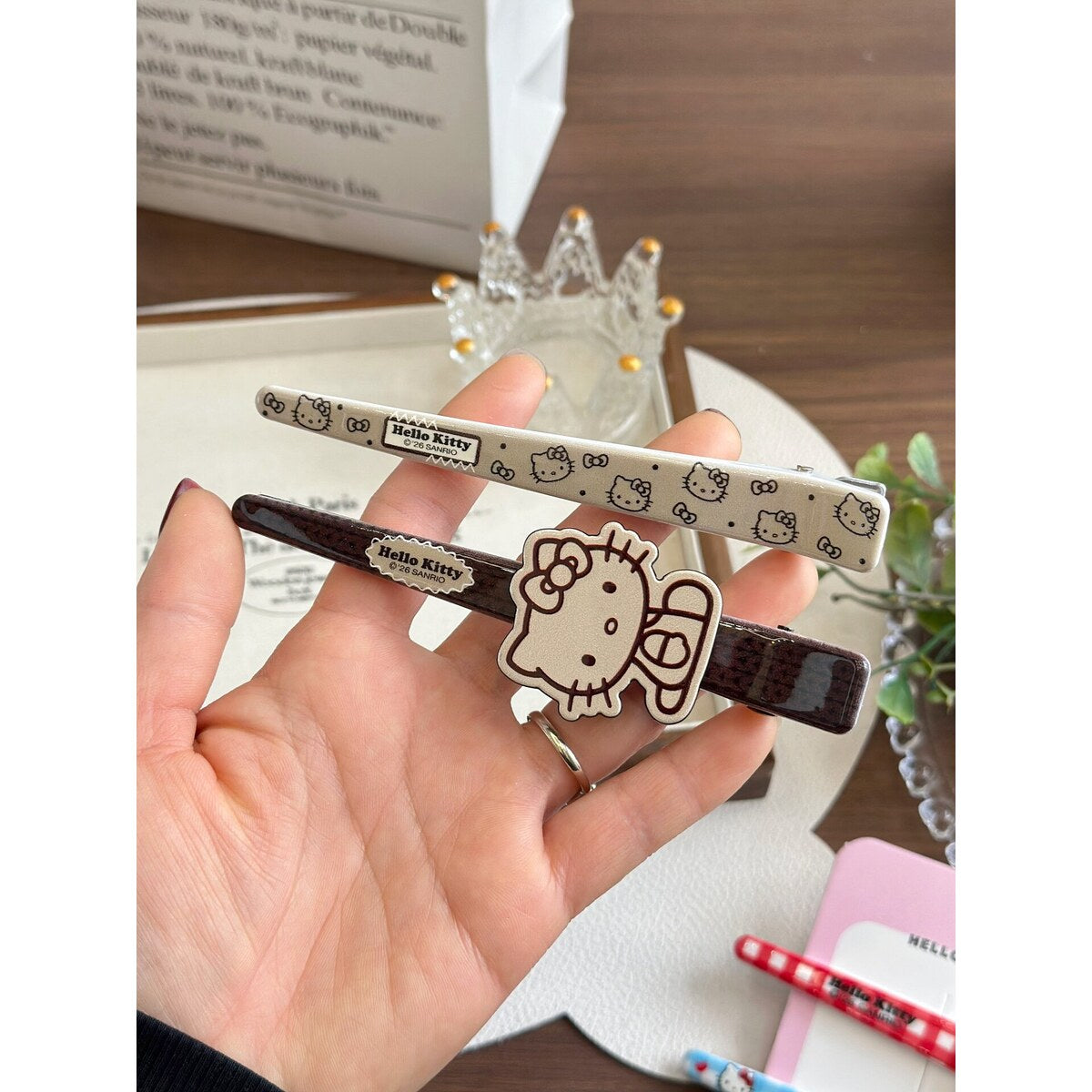 Sanrio Hello Kitty extra large aluminium bar hair clip worn in hair - silver glitter design