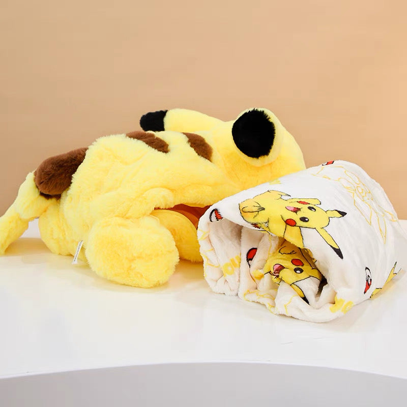 Japan Cartoon Pokemon | Pikachu Plush Doll With Furry Blanket - Mascot Plush Doll Kawaii Decoration KawaiiGiftLand