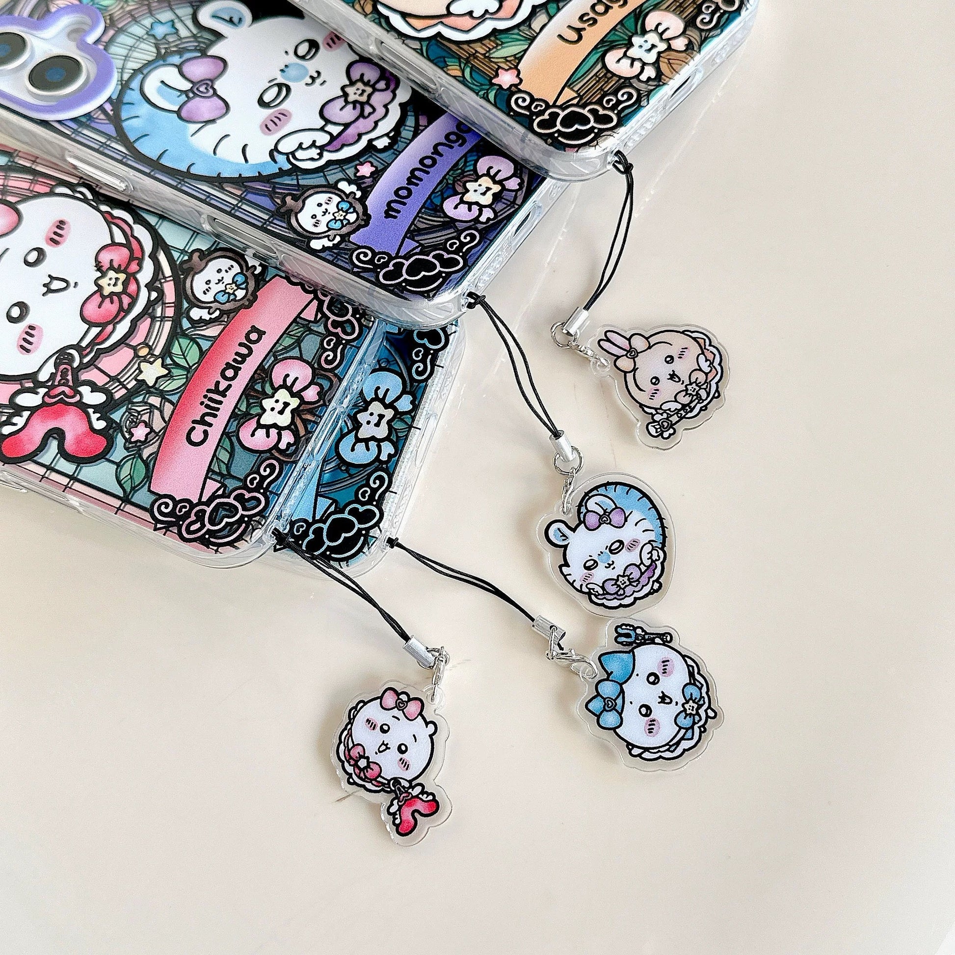 Japanese Cartoon iPhone Case with Strap | Laser Magical Girl with Glass Window Chiikawa Hachiware Usagi Momonga Magic - iPhone CasePhone Case 7 8 PLUS SE2 XS XR X 11 12 13 14 15 Pro Promax 12mini 13mini KawaiiGiftLand