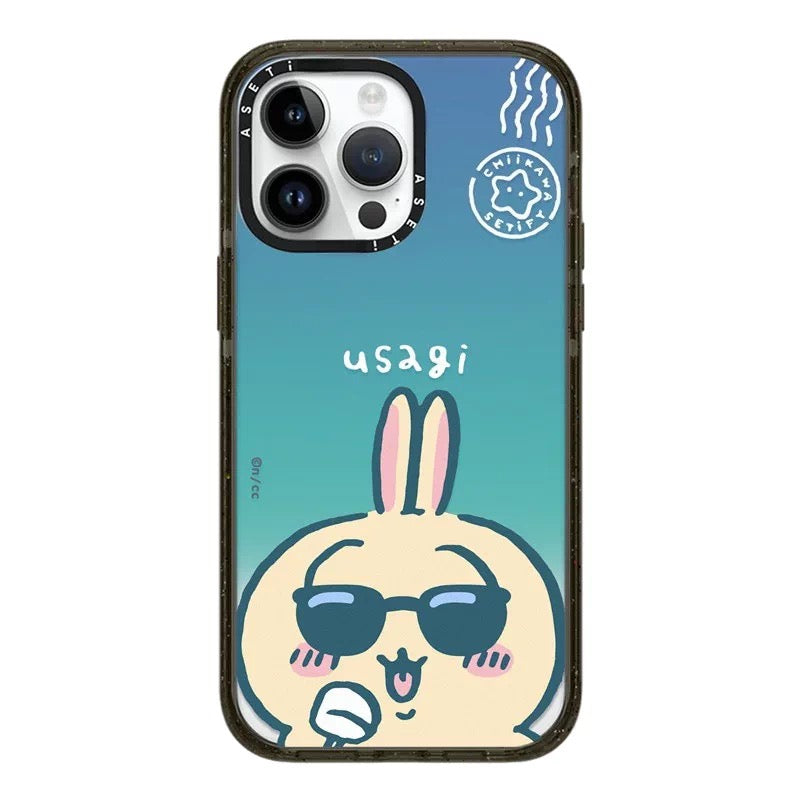 Japanese Cartoon ChiiKawa Clear with Transparent Black Frame Phone Case | ChiiKawa Hachiware Usagi Wear Sunglass and Eating Ice Cream Blue - iPhone Case 12 13 14 15 16 17 Pro Promax