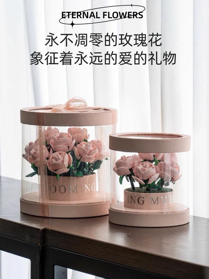 Block Building Block Romantic Elernal Flowers Bouquet Gift Box | Pink Red Blue White Rose - with LED Lights Valentine Wedding Gift DIY Handmade Gift