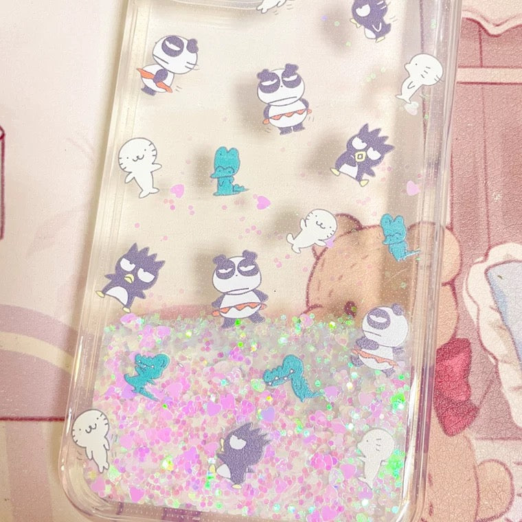 Japanese Cartoon Bad Badtz Maru Xo with friends Panda  -  Glitter QuickSand iPhone Case 6 7 8 PLUS SE2 XS XR X 11 12 13 14 15 16 Pro Promax 12mini 13mini KawaiiGiftLand