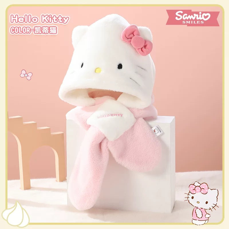 Sanrio Hat with Scarf Hat | Hello Kitty My Melody Kuromi Cinnamoroll Pochacco Hangyodon - Winter Warm Accessory Outfits KawaiiGiftLand