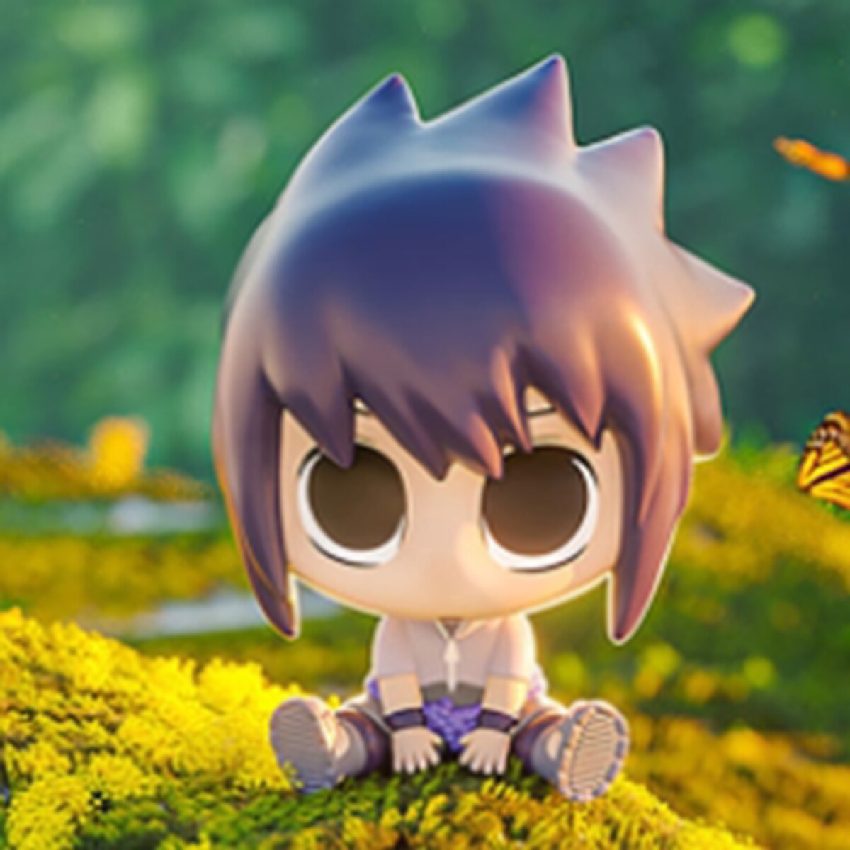 Sasuke Uchiha sitting figure with dark blue spiky hair in an orange and blue outfit from the MINISO x Naruto Shippuden Sitting Series blind box