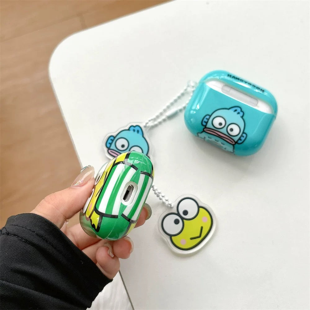 Japanese Cartoon Classical KeroKeroKeroppi Keroppi Hangyodon Blue Green with Keychain - AirPods AirPodsPro AirPods3 AirPods4 Case KawaiiGiftLand