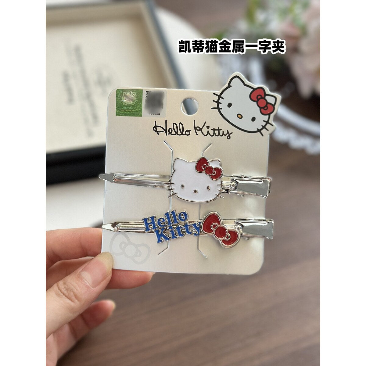 Hello Kitty red bow enamel metal snap clips for bangs, 2-piece set