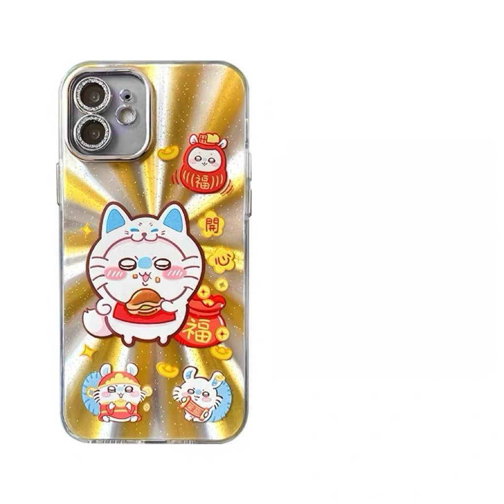 Japanese Cartoon ChiiKawa Folklore Kitsune Gold Laser Case | ChiiKawa Hachiware Usagi Momonga - iPhone Case 11 12 13 14 15 16 16e 17 17e 18 Pro Promax