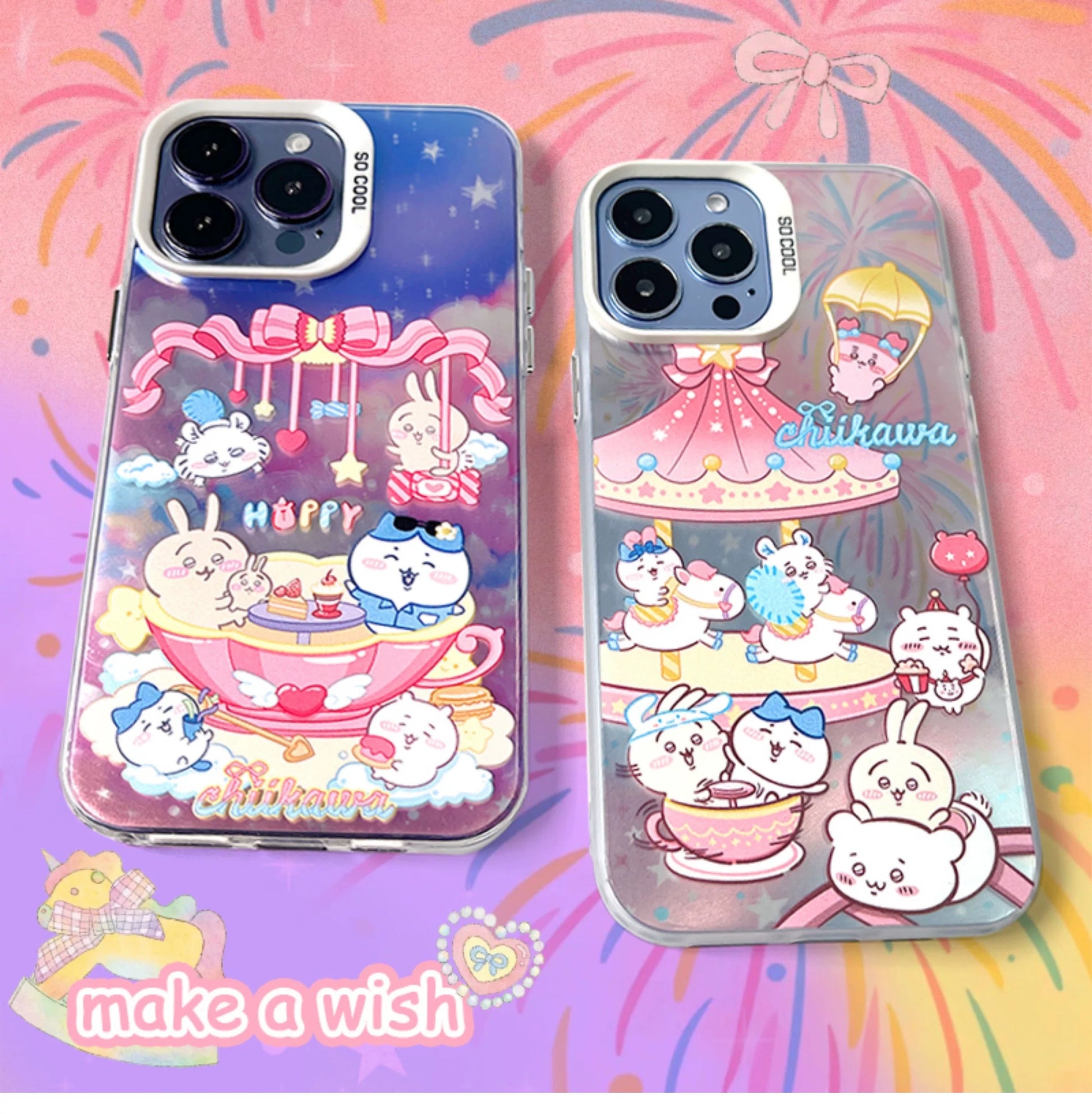 Japanese Cartoon ChiiKawa | Amusement Park Firework Starry Night ChiiKawa Hachiware Usagi Merry Go Round Laser - iPhone Case 11 12 13 14 15 16 Pro Promax KawaiiGiftLand