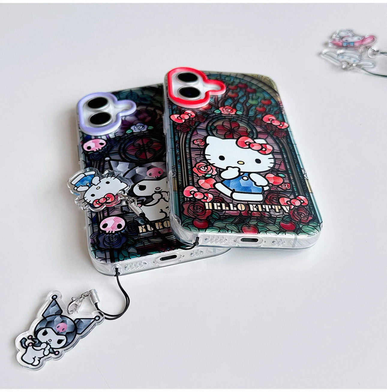 Japanese Cartoon Sanrio Laser Case with Strap | Glass Window Hello Kitty My Melody Kuromi Cinnamoroll - Phone Case Samsung Galaxy S26 S25 S24 S23 S22 S21 FE Ultra Edge