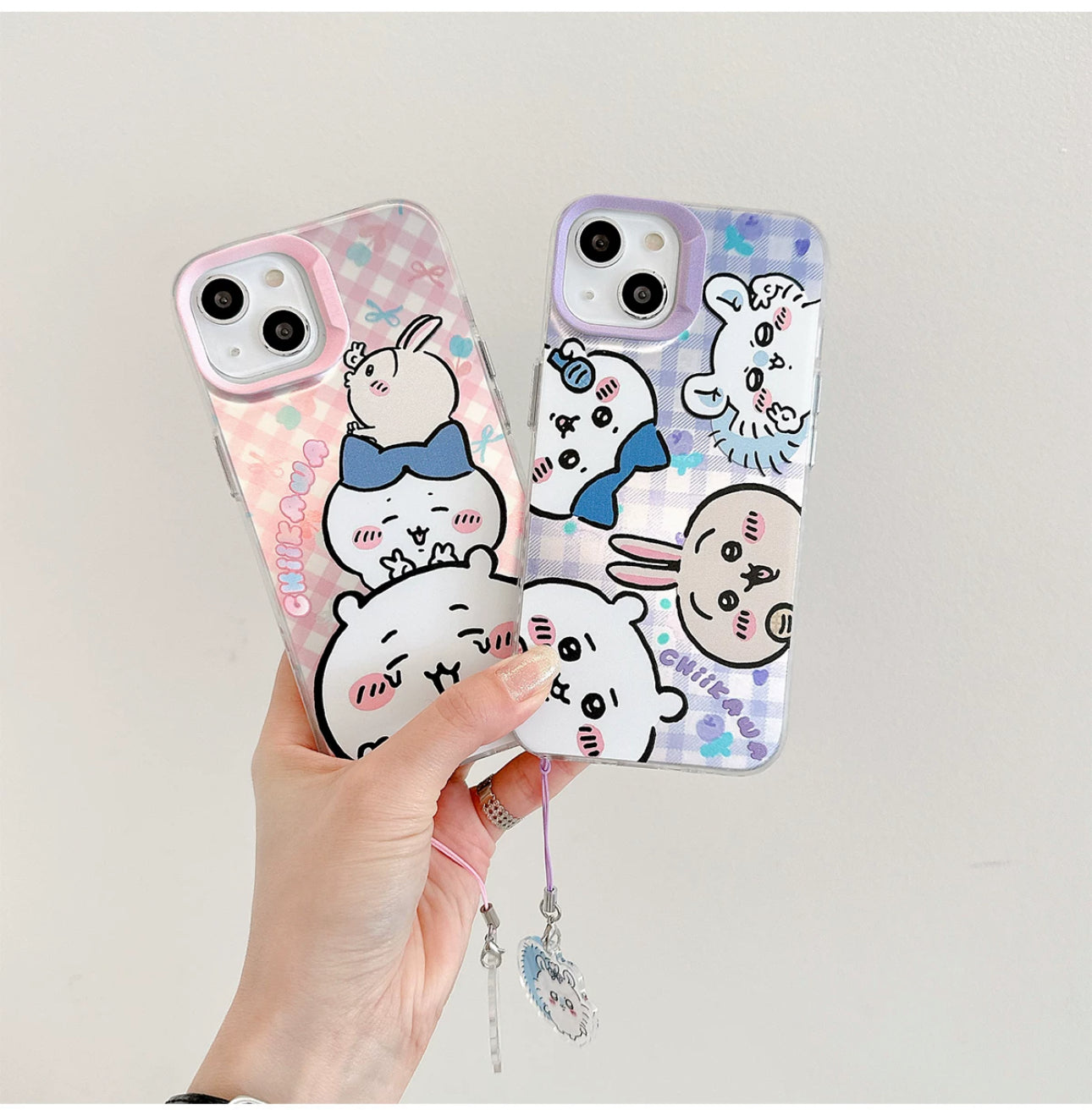 Japanese Cartoon iPhone Case with Strap | Laser Playing Group ChiiKawa Hachiware Usagi Momonga - iPhone CasePhone Case  7 8 PLUS SE2 XS XR X 11 12 13 14 15 Pro Promax 12mini 13mini KawaiiGiftLand