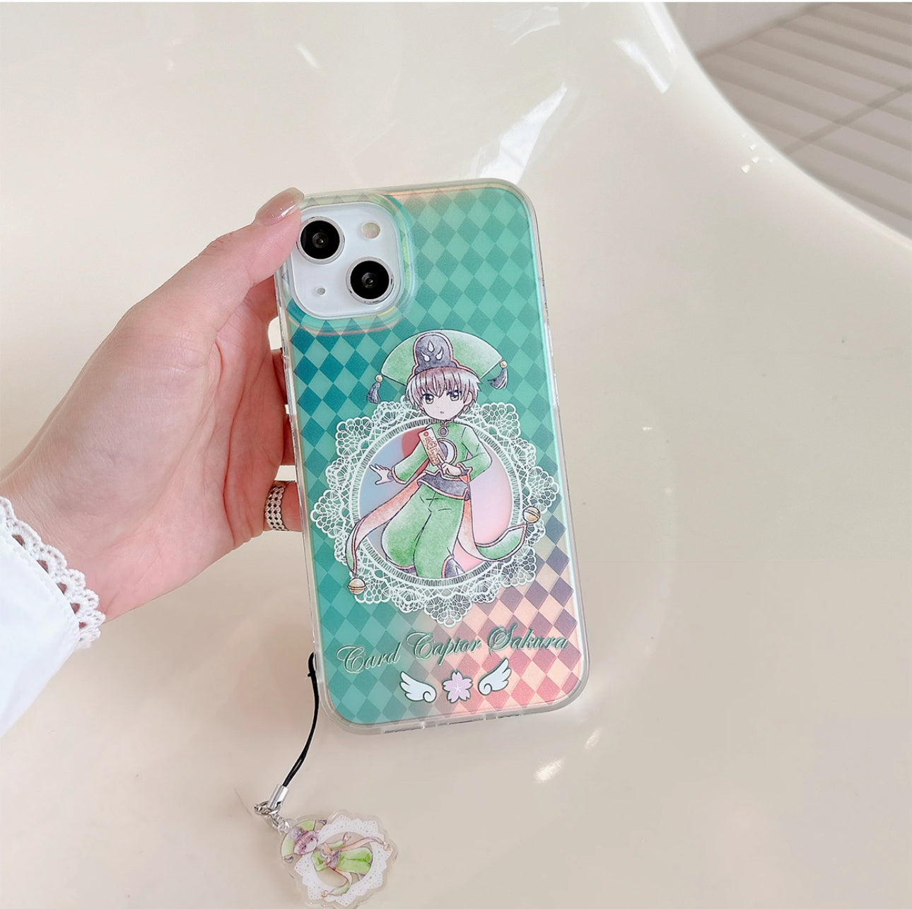 Japanese Cartoon CardCaptorSakura Phone Case with Strap | Laser Sakura Syaoran Tomoyo - iPhone Case PLUS SE2 XS XR X 11 12 13 14 15 16 Pro Promax 12mini 13mini KawaiiGiftLand