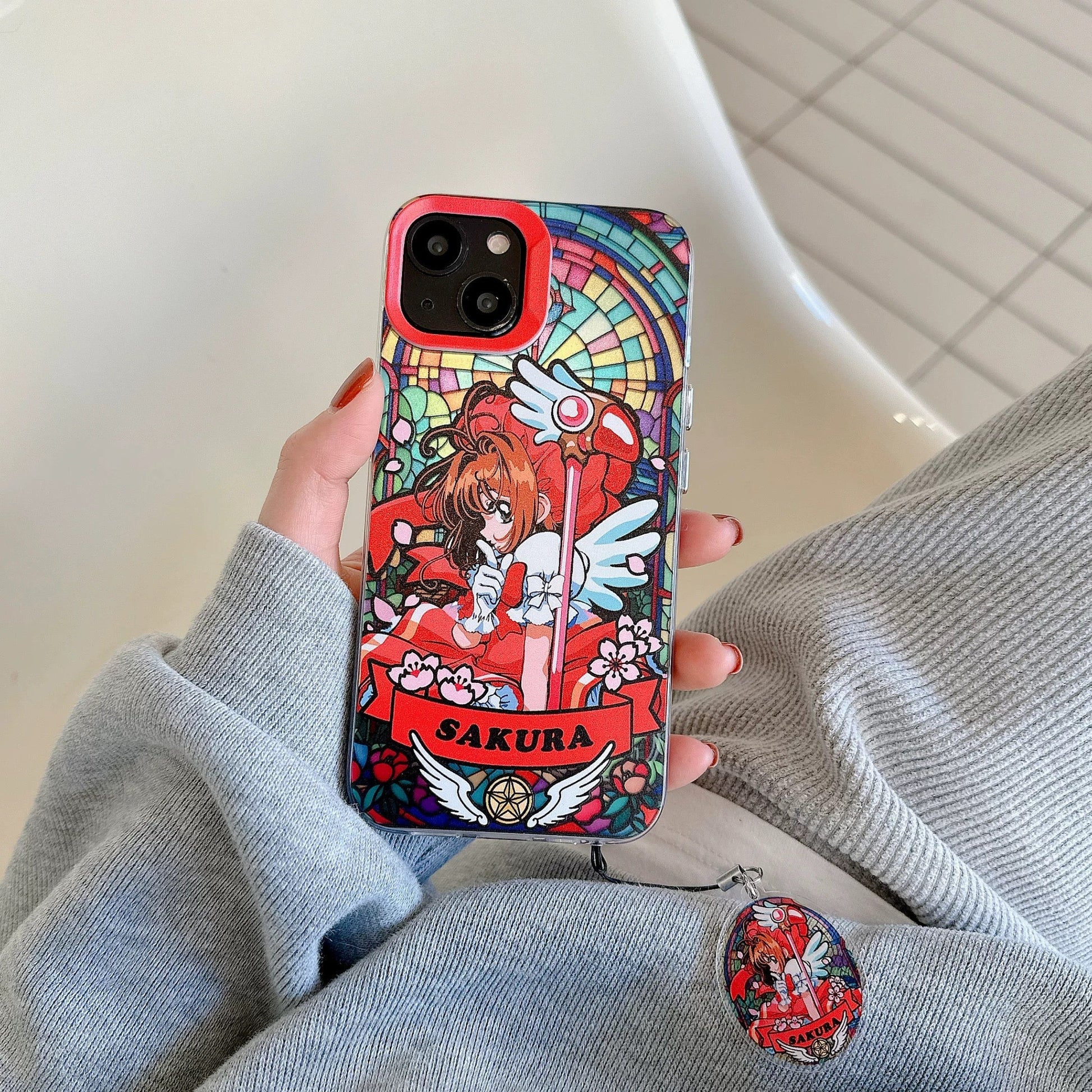 Japanese Cartoon CardCaptorSakura Glass Window Version with Strap & Stand | Red Blue Yellow - iPhone Case 6 7 8 PLUS SE2 XS XR X 11 12 13 14 15 Pro Promax 12mini 13mini KawaiiGiftLand