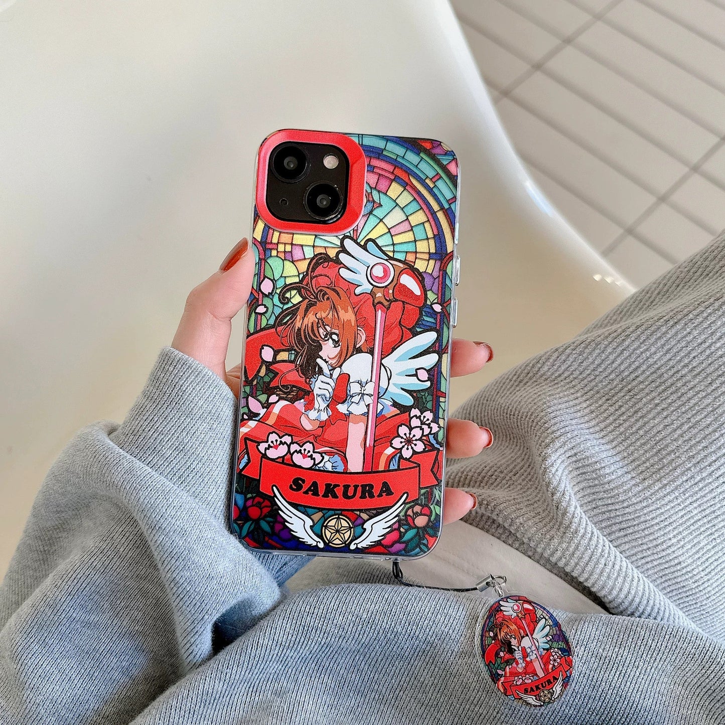 Japanese Cartoon CardCaptorSakura Glass Window Version with Strap & Stand | Red Blue Yellow - iPhone Case 6 7 8 PLUS SE2 XS XR X 11 12 13 14 15 Pro Promax 12mini 13mini KawaiiGiftLand