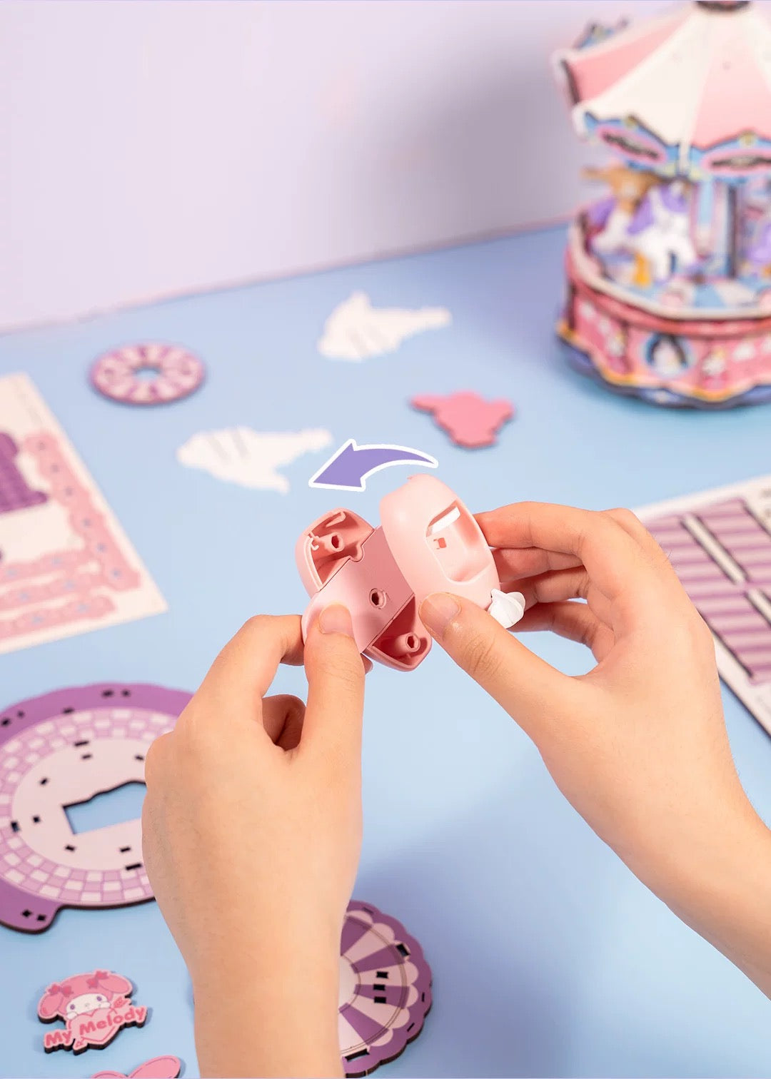 Rolife x Sanrio Character Amusement Park Music Box Craft Kits Set | My Melody Kuromi Cinnamoroll Amusement Rides Merry Go Round - DIY Handmade Wooden Mini World Miniature Gift KawaiiGiftLand