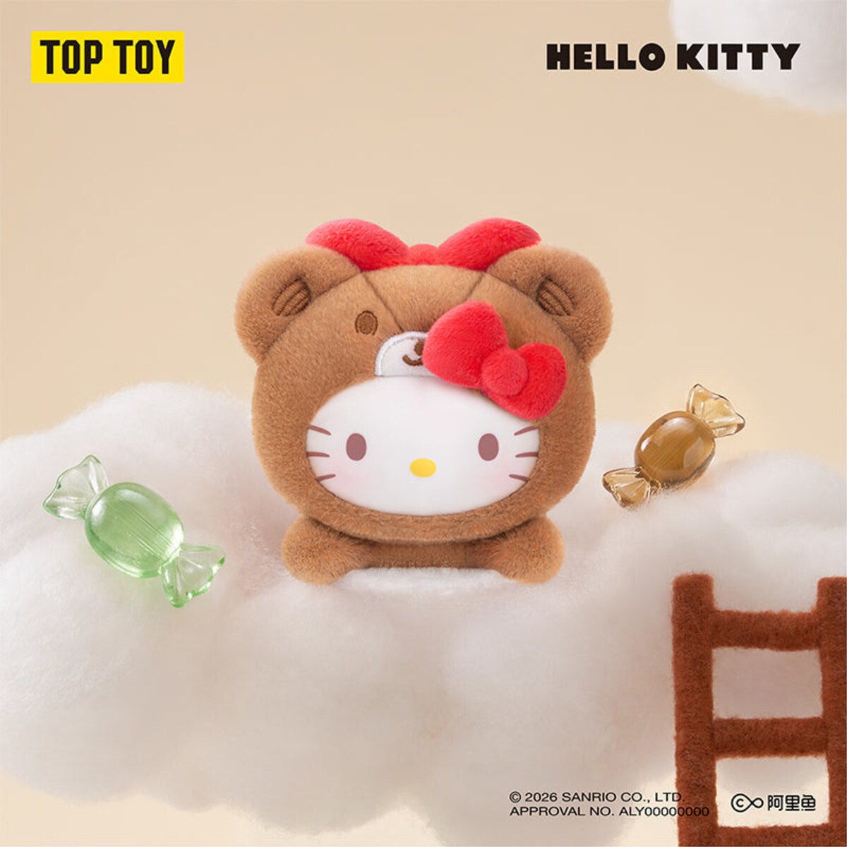 TOPTOY Sanrio Sweet Whispers Stickers Series Hello Kitty plush charm styled on a wooden chair
