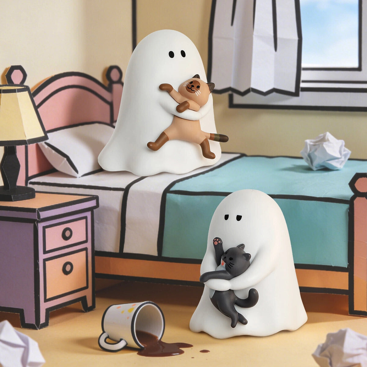 GHODY ghost hugging a tan cat on a bed with a tipped-over milk cup, 52TOYS Behold My Cat series