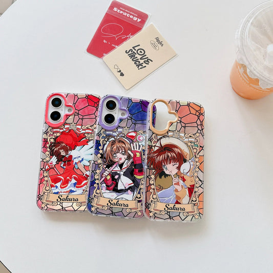 Japanese Cartoon CardCaptorSakura Layer Glass Window Version | Red Purple Yellow - iPhone Case 6 7 8 PLUS SE2 XS XR X 11 12 13 14 15 16 Pro Promax 12mini 13mini