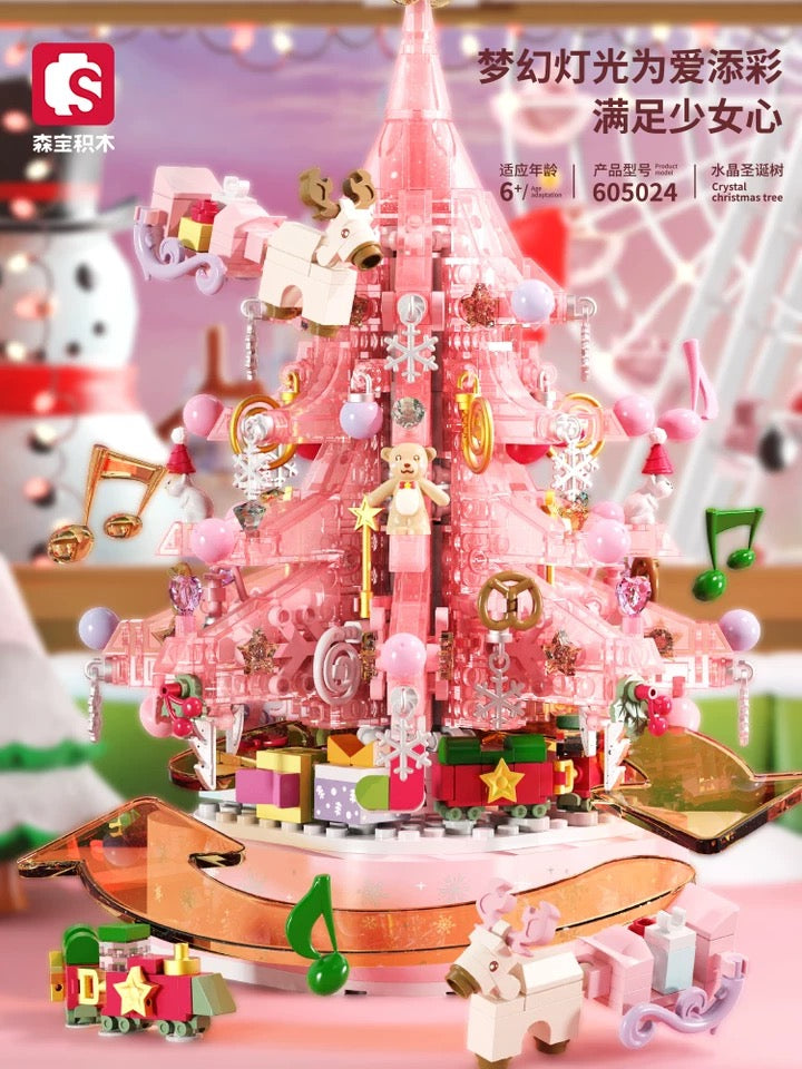 Mini Block Building Crystal Christmas Tree Music Box | Pink - DIY Handmade Xmas Gift KawaiiGiftLand