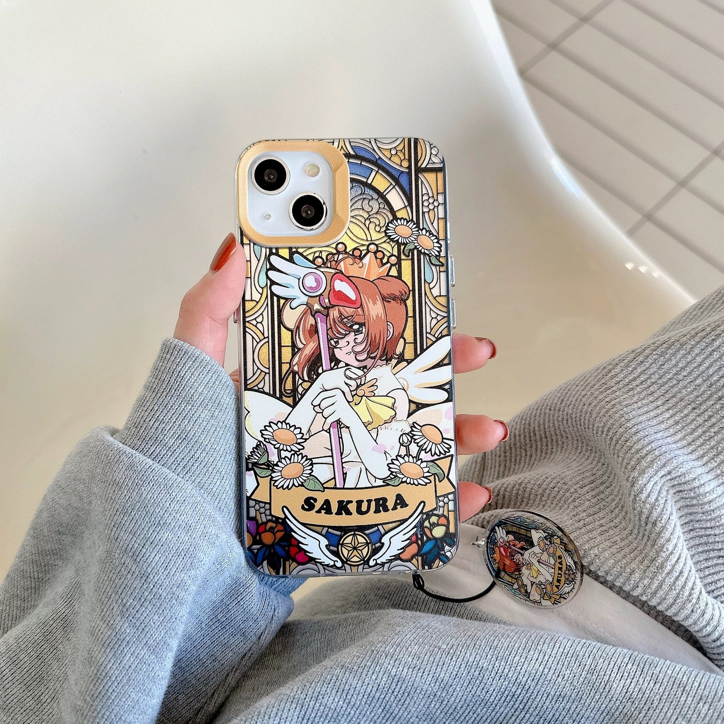 Japanese Cartoon CardCaptorSakura Glass Window Version with Strap & Stand | Red Blue Yellow - iPhone Case 6 7 8 PLUS SE2 XS XR X 11 12 13 14 15 Pro Promax 12mini 13mini KawaiiGiftLand