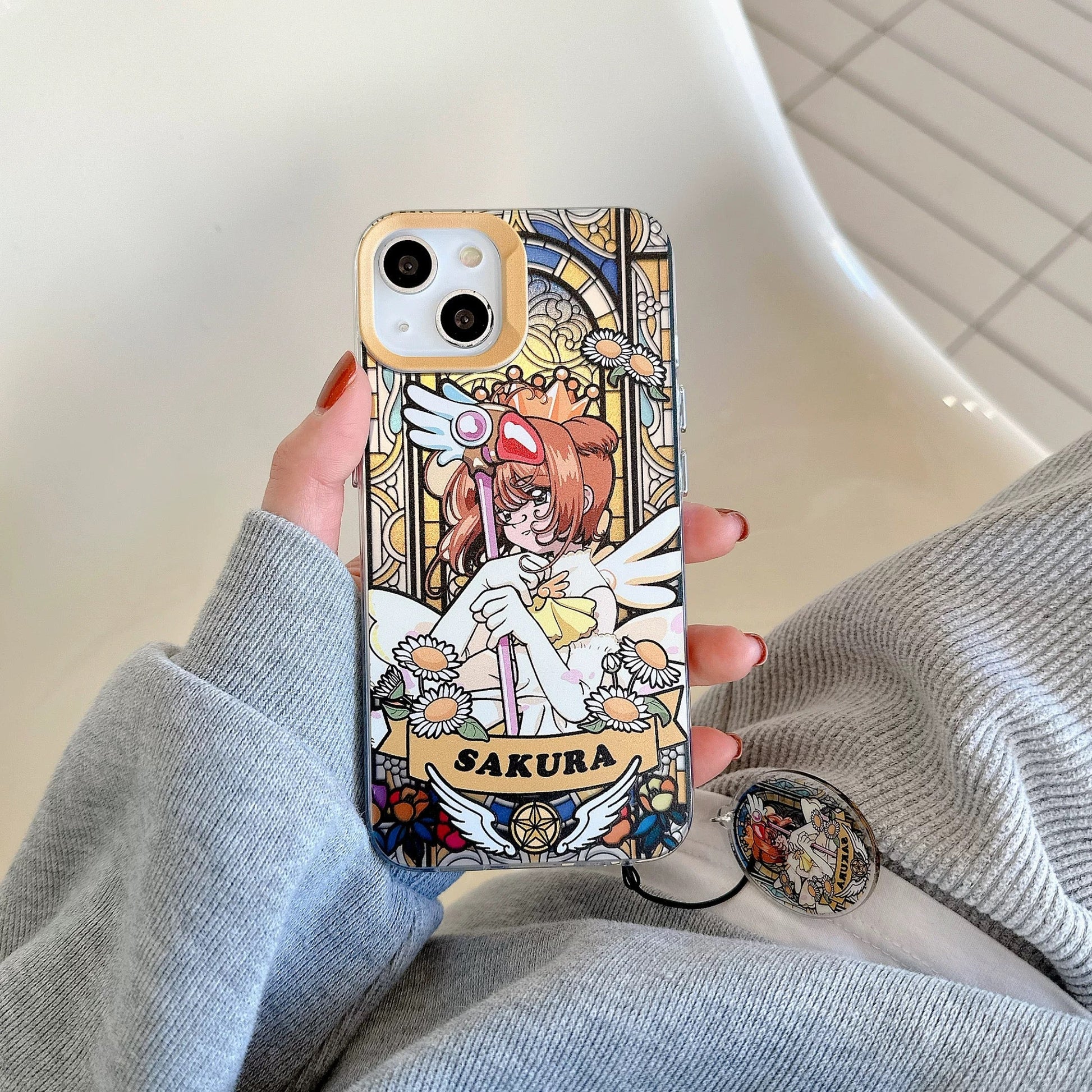 Japanese Cartoon CardCaptorSakura Glass Window Version with Strap & Stand | Red Blue Yellow - iPhone Case 6 7 8 PLUS SE2 XS XR X 11 12 13 14 15 Pro Promax 12mini 13mini KawaiiGiftLand