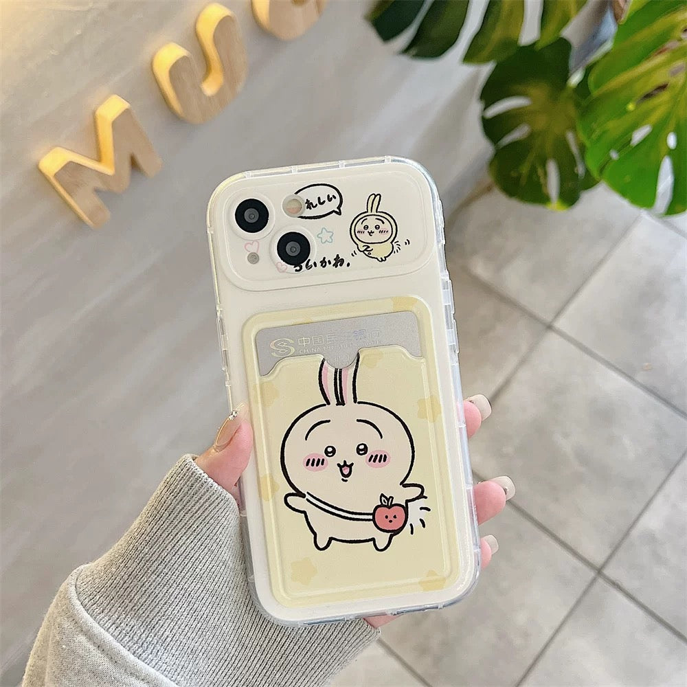 Japanese Cartoon Chiikawa | ChiiKawa Hachiware Usagi Happy Outing with Card Holder & Handle Strap - iPhone Case 11 12 13 14 15 16 17 Pro Promax