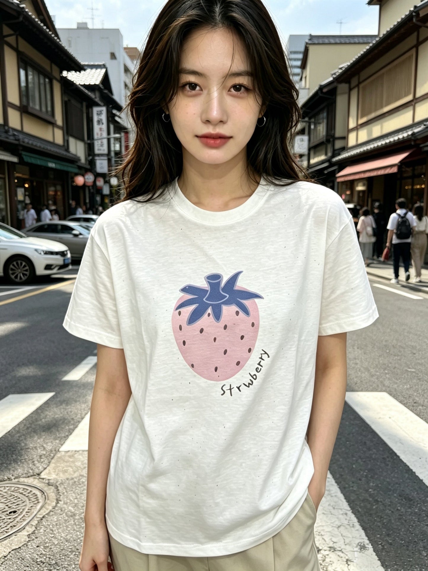 Korean Fashion Cute Fruits Style T-Shirt Series | Pink Strawberry with Gittler Bling Tee - Kawaii Fashion Items
