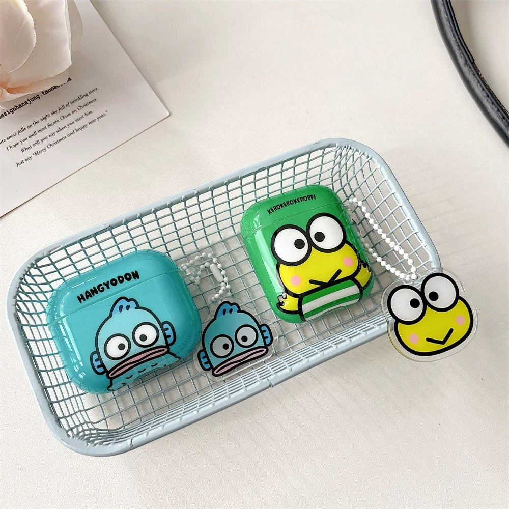 Japanese Cartoon Classical KeroKeroKeroppi Keroppi Hangyodon Blue Green with Keychain - AirPods AirPodsPro AirPods3 AirPods4 Case KawaiiGiftLand