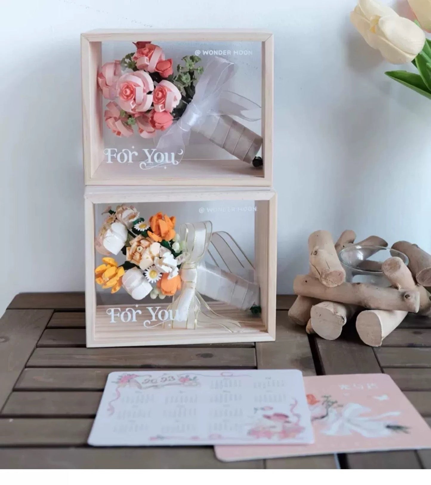 Block Building Romantic Flower Bouquet  | Pink Rose Yellow Rose - with LED Lights Valentine Wedding Gift DIY Handmade Gift