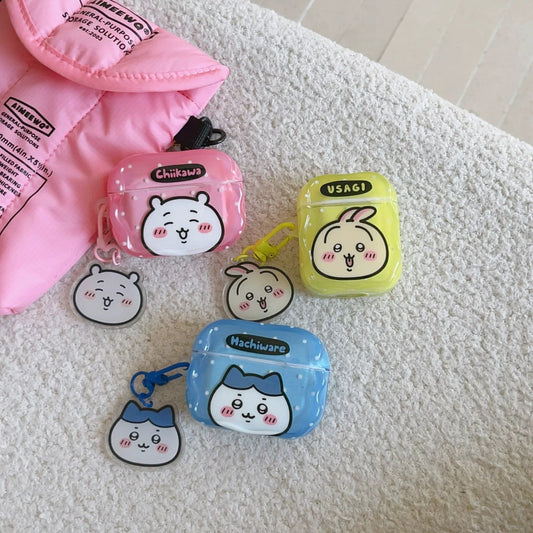Japanese Cartoon ChiiKawa Colourful with Dot |  Chiikawa Hachiware Usagi Pink Blue Yellow with Keychain - AirPods AirPodsPro AirPods3 AirPods4 Case