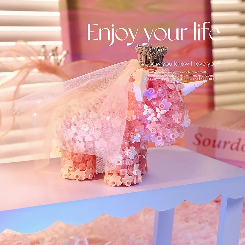 Mini Block Building Block Flower Unicorn | Pink Purple - with LED Lights Valentine Wedding Gift DIY Handmade Gift