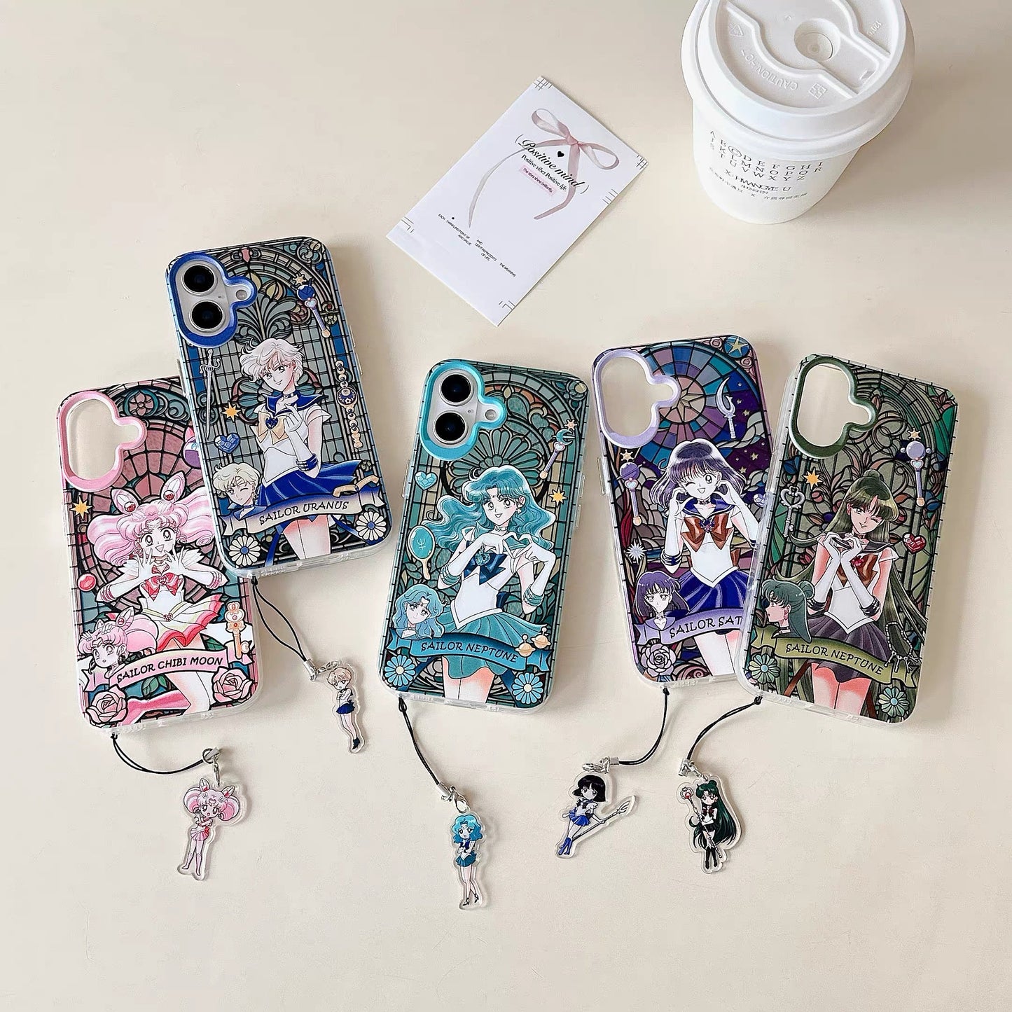 Japanese Cartoon Sailor Moon Phone Case with Strap Comic Version | Laser Glass Window Sailor Uranus Neptune Pluto Saturn Chibi Moon - iPhone Case PLUS SE2 11 12 13 14 15 16 16e 17 17e Pro Promax 12mini 13mini